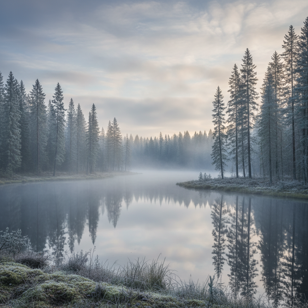 Utsikt över ett stilla skogslandskap med dimma och höga tallar som symboliserar klarhet, lugn och ett genomtänkt perspektiv