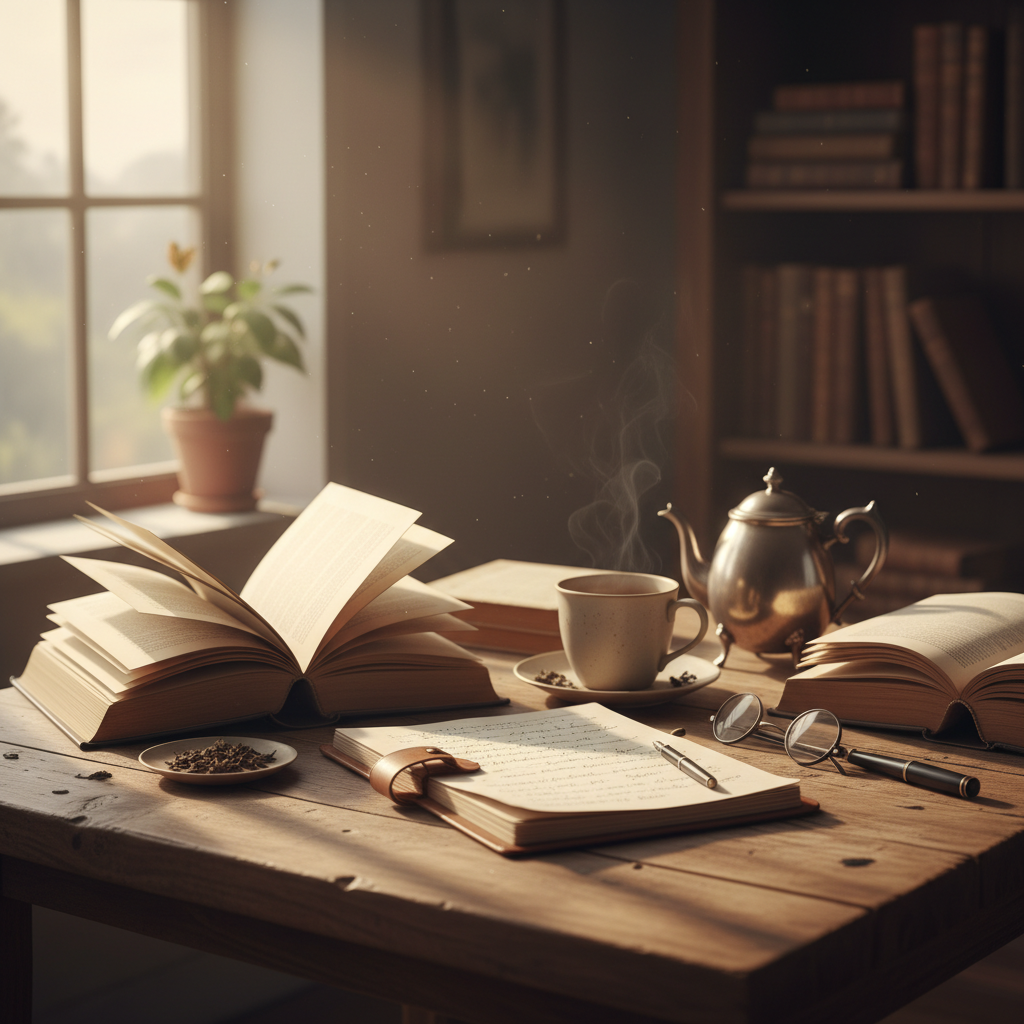 Öppna böcker och anteckningsblock på ett träbord med morgonljus och en kopp te som symboliserar kunskap och reflektion