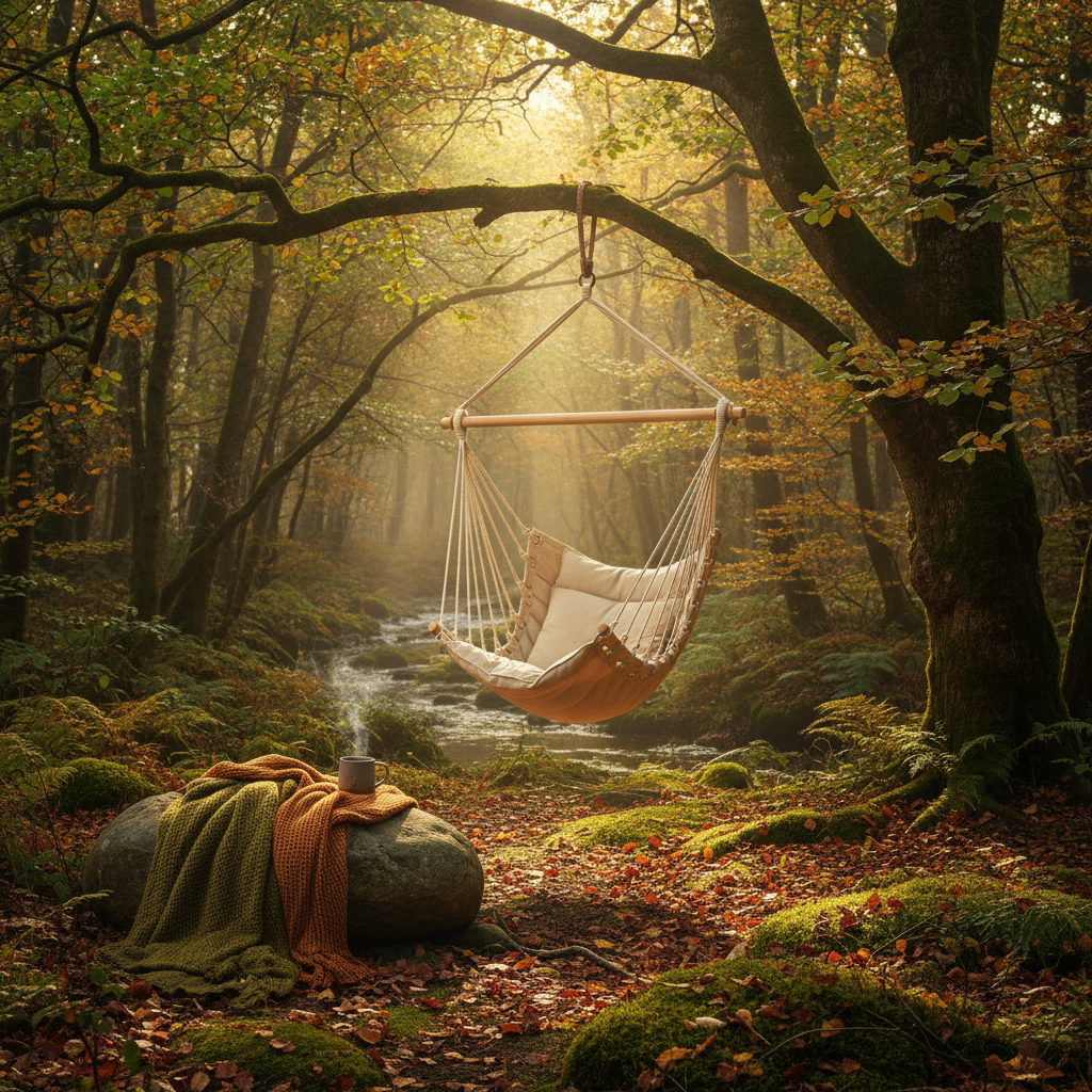 Hammarstol i skogen med solljus som filtrerar genom lövverket och skapar en lugn och avkopplande miljö