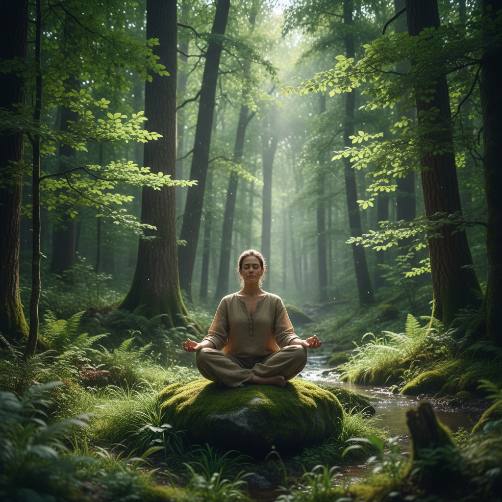 Person som mediterar i en lugn skogsmiljö omgiven av gröna träd och naturligt ljus