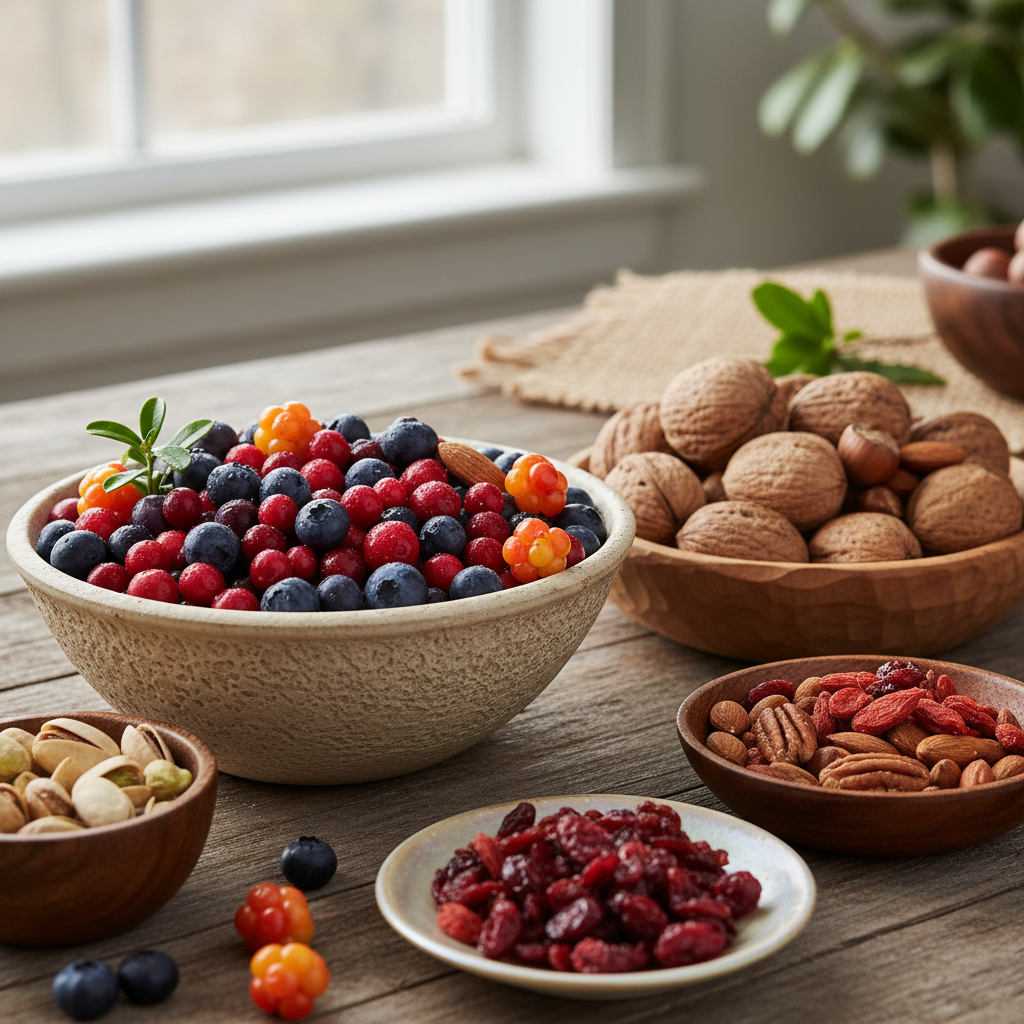 Natursköna bär och nötter i skålar med fokus på texturer och naturliga färger